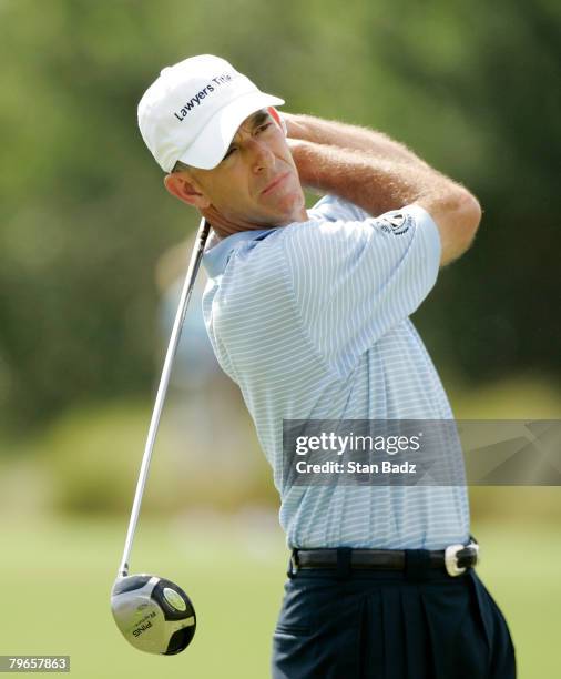 Chip Beck hits from the second tee during the first round the Allianz Championship held on February 8, 2008 at The Old Course at Broken Sound Club in...