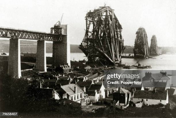 S, The Firth of Forth Bridge under construction, This bridge carried the railway from South Queensferry to North Queensferry, was built mainly of...