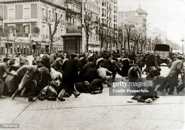 Civil Unrest, pre Spanish Civil War, pic: 1933, Unarmed patriots being chased through the streets of Madrid by a rabble of armed socialists,...