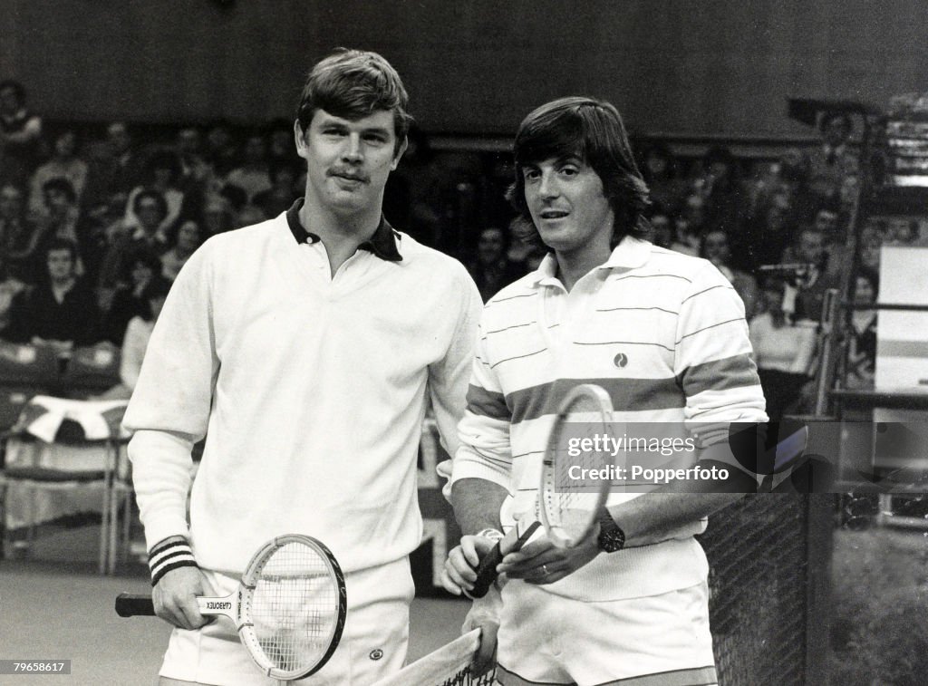 Sport, Tennis, The Davis Cup, Brighton, England, 6th March 1981, Great Britain's Buster Mottram, left, with Italy's Adriana Panatta prior to their match which Mottram won 9-7, 3-6, 6-3, 6-4