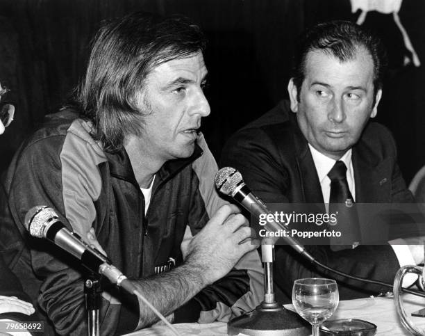 Sport, Football, 12th May 1980, Argentina Football Manager Cesar Menotti sits beside Julio Grondona, President of the Argentine Football Association...