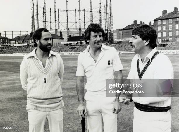 14th September 1979, Australian cricketers, l-r, Ray Bright, Ian Chappell and Rodney Marsh at the Oval prior to the International Batsman of the Year...