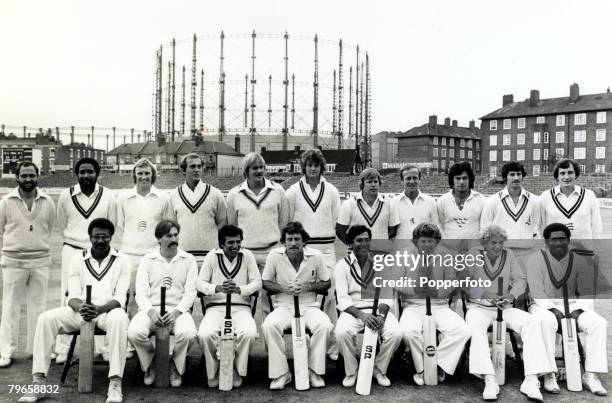 14th September 1979, The line-up at the Oval prior to the International Batsman of the Year Challenge Cup, Front row, l-r, Clive Lloyd, Graham Gooch,...