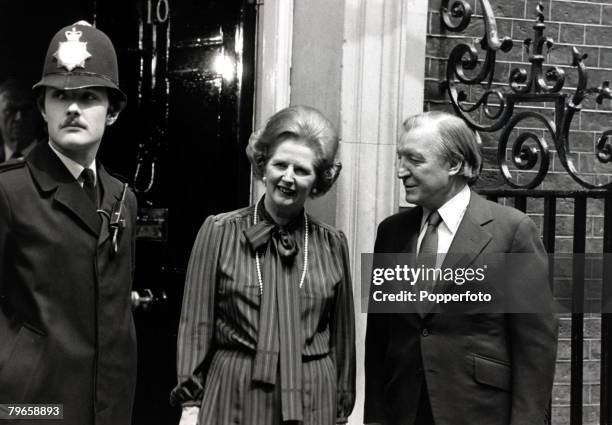 Political Personalities, pic: 21st May 1980, British Prime Minister Margaret Thatcher with Irish Premier Charles Haughey at No 10 Downing Street...