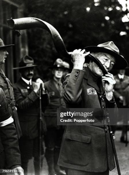 Personalities, Scouts/Guides, pic: 31st July 1929, Sir Robert Baden-Powell, founder of the Scout movement tries to blow a "kudu" horn used by African...