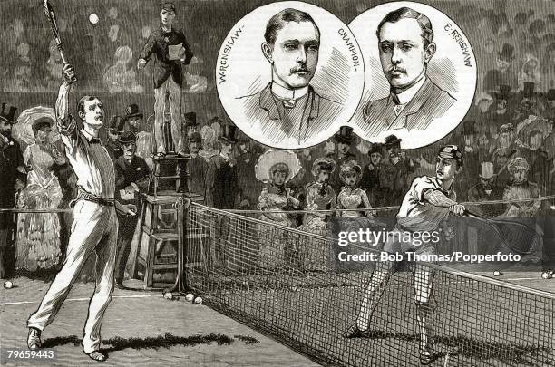 Wimbledon Lawn Tennis Championships, This illustration shows Ernest and William Renshaw contesting final set of the Mens Singles Final, with William...