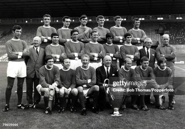 May 1968, The Manchester United first team suad pose together with the European Cup, Players only: Back row, L-R: Bill Foulkes, John Aston, Jimmy...