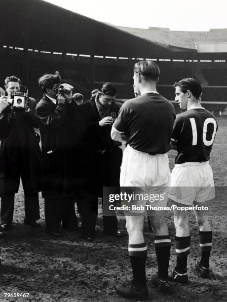 Manchester United pair Mark Jones and Dennis Viollet the centre of attention for the photographers, The two "Busby Babes" were both involved in the...