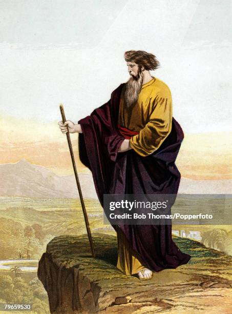 Biblical Scenes, Old Testament, Colour illustration entitled "Moses viewing the promised land", Moses on Mount Nebo was shown by God the fertile land...