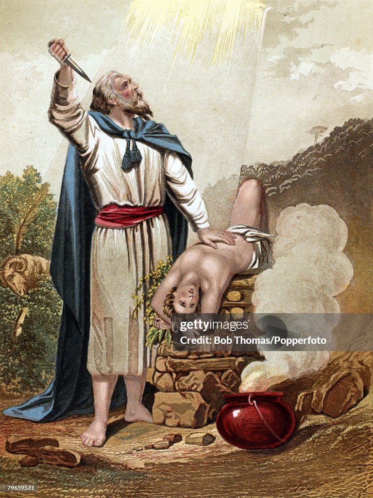 Biblical Scenes, Old Testament, Colour illustration entitled "Abraham offering up Isaac", Abraham's faith in God was put to the test when called upon to offer his son's life as sacrifice, God seeing he was of strong faith and willing to follow his words, 