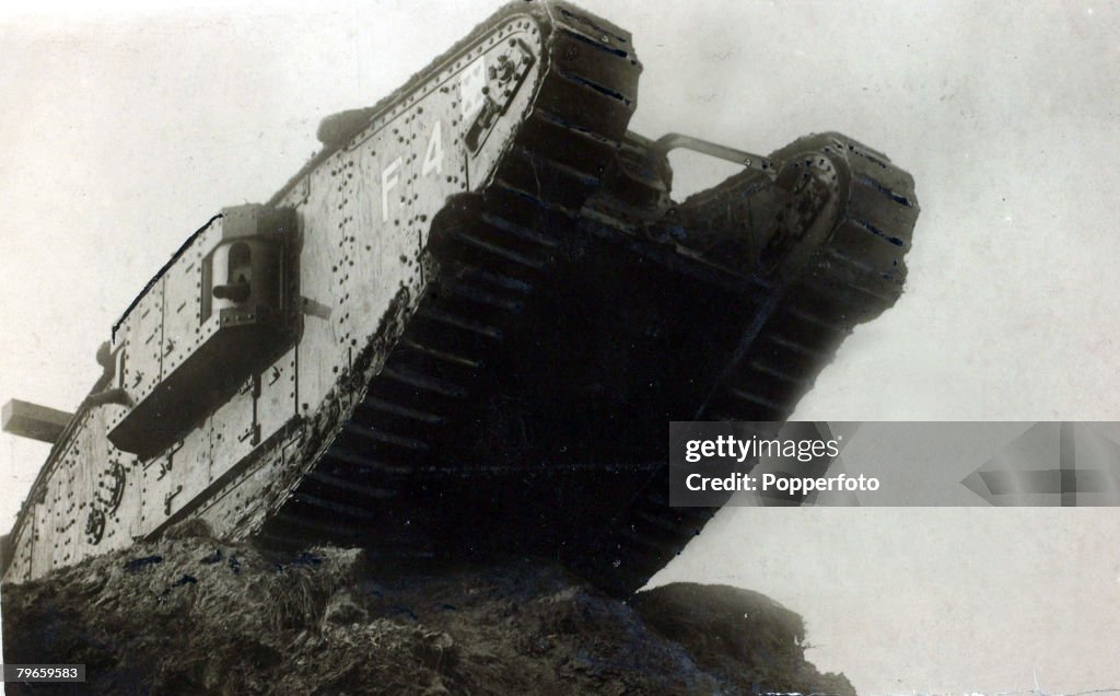 War and Conflict, World War I, 1914-1918, British Military, A British "female" tank in action, The tank, invented by the British, first proved it's real worth in battle at Cambrai in 1917 when it breached the Hindenburg Line, but was so successful that tr