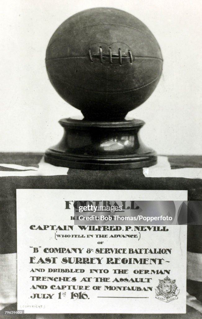 War and Conflict, World War I, (1914-1918), Battle of the Somme, France, 1st July 1916, The football used by British troops on the battlefield at Montauban, Captain Wilfred P,Nevill of the 8th East Surrey's introduced 4 footballs to his 4 platoons in an a