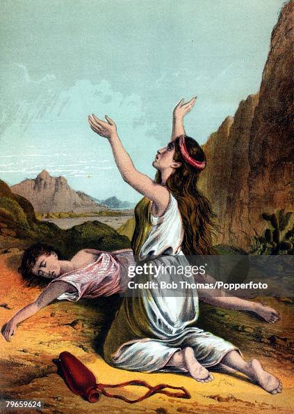 Biblical Scenes, Old Testament, Colour illustration entitled "Hagar and Ishmael", Hagar and her son Ishmael in the wilderness, banished by Abraham, but saved by God who found them water Biblical Scenes, Old Testament, Colour illustration entitled "Hagar and Ishmael", Hagar and her son Ishmael in the wilderness, banished by Abraham, but saved by God who found them water