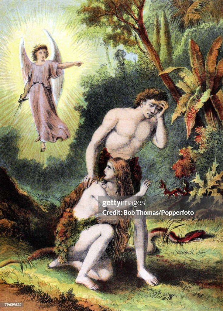 Biblical Scenes, Old Testament, Colour illustration entitled "The expulsion", Adam and Eve, now clothed and having sinned, sent from the Garden of Eden by the angel