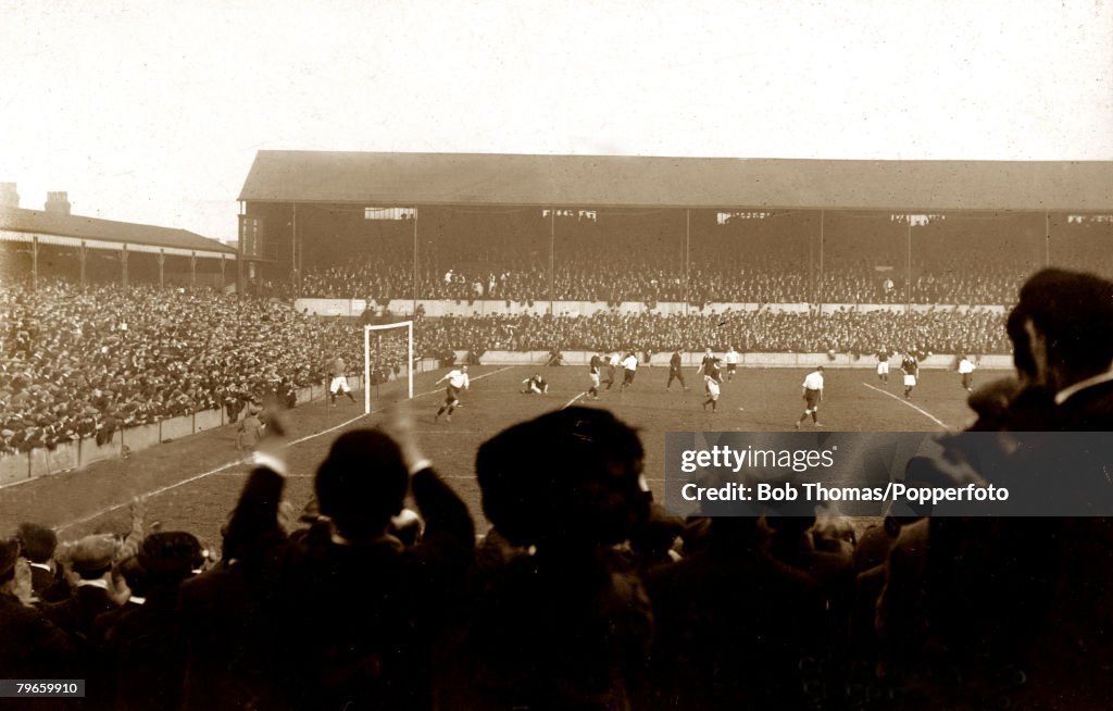 Sport, Football International, British Championship, Goodison Park, Liverpool, England, 1st April 1911, England 1 v Scotland 1, J,Stewart has scored the England goal in front of a large crowd