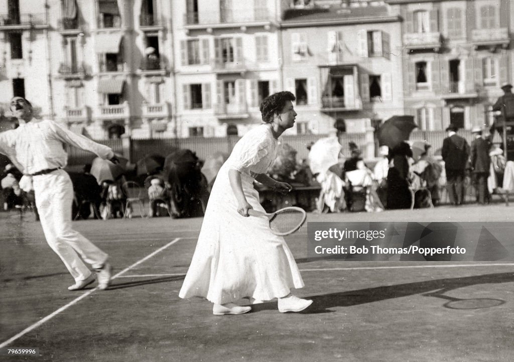 Sport/Tennis, France, 1906, Miss, Madarasz seen playing in the South of France in a Mixed Doubles match, This photograph is from an album covering tennis matches on the French Riviera in 1906, with matches being played in Nice and Monte Carlo featuring H,