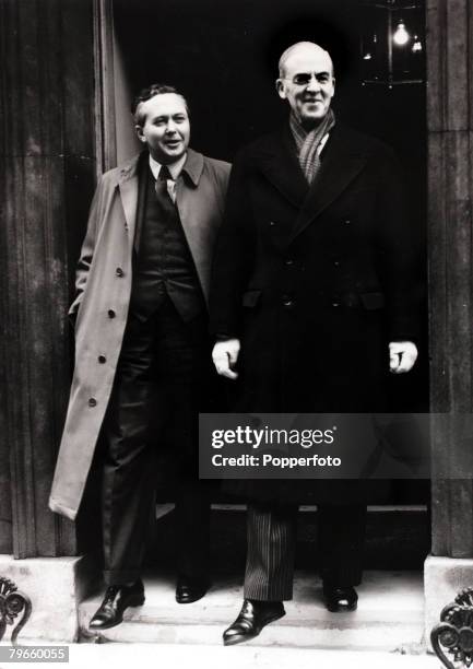 Politics, London, England, 10th January 1950, Harold Wilson, left, President of the Board of Trade pictured leaving No,10 Downing Street with the...