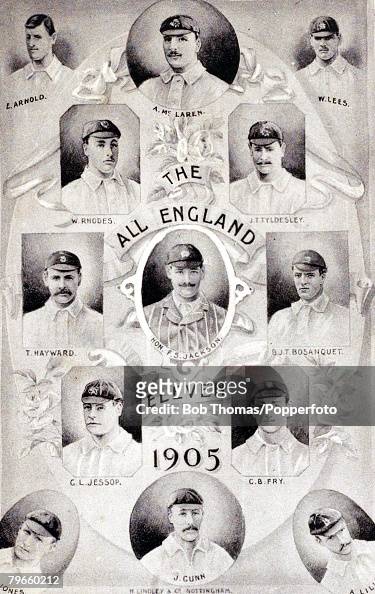 Sport, Cricket, 1905, Postcard illustration featuring the England team to play against Australia in the Ashes series, England won the five test match series 2-0, They are Top left to Bottom right: L, Arnold, A, McLaren, W, Lees, W, Rhodes, J,T, Tyldesley,