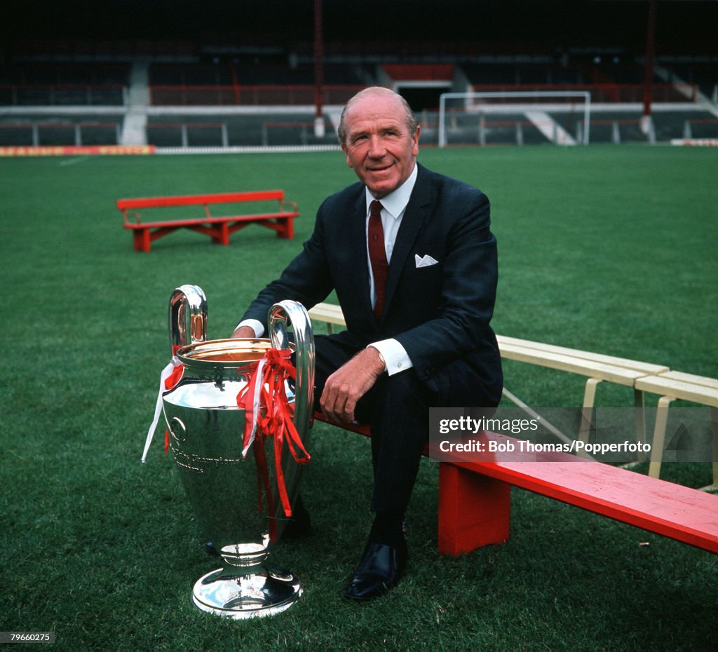 Sport, Football, Old Trafford, England, 1968, Manchester United Manager Matt Busby is pictured with the European Cup trophy
