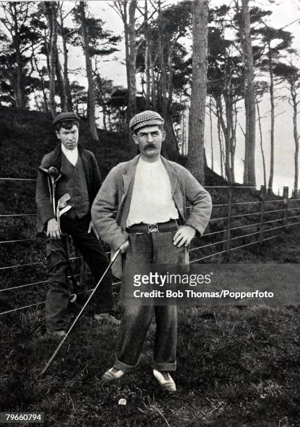 Circa 1885, Scottish golfer Bernard "Ben" Sayers, and caddie Sandy Smith, Sayers was a well respected golfer and made golf balls from a machine...