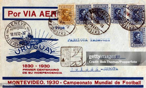 Sport, Football, A souvenir envelope to commemmorate Uruguay hosting the first F,I,F,A, World Cup Finals in 1930 and celebration of the centenary of...