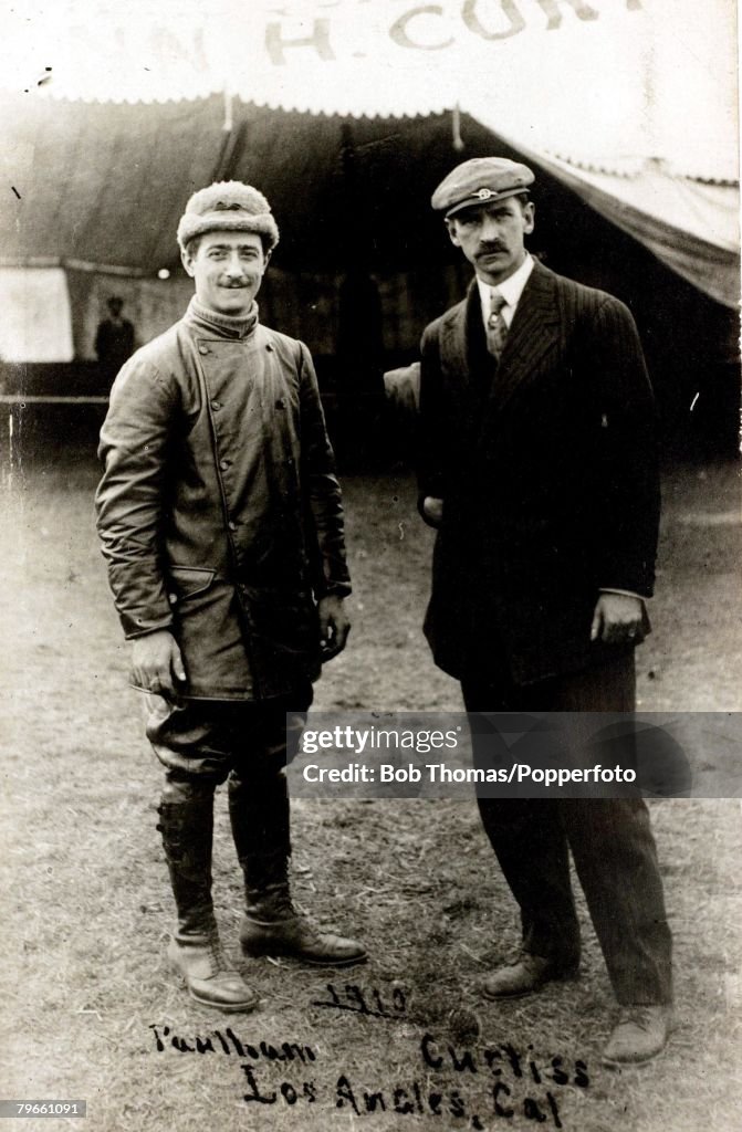 Early Aviation, 1910, The French aviator Louis Paulhan with Glenn H, Curtiss who piloted "The June Bug" in July 1908, which was the first kilometer flight