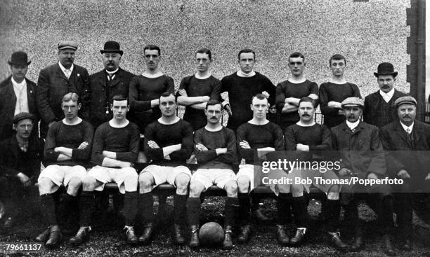 Sport, Football, circa 1905, The Stoke F,C, team pose together for a group photograph, Back row, L-R: W,Atkins, Davies, Lake, H,E,Holdcroft,...