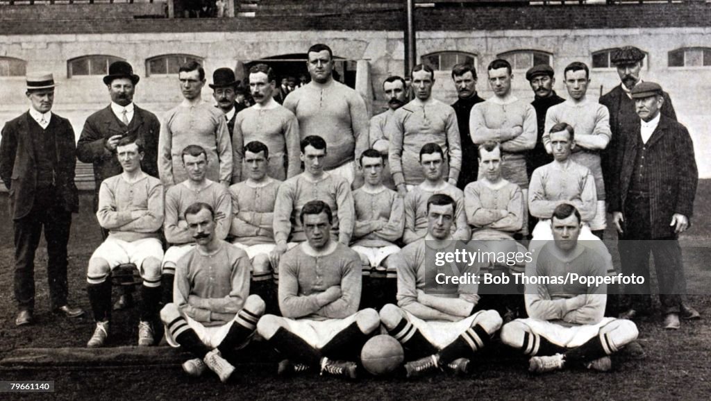 Sport, Football, circa 1905, The Chelsea F,C, team pose together for a group photograph, Back row, L-R: J,T,Robertson, (Manager), H,A,Keare, (Director), Byrne, F,W,Parker, (Hon, Financial Secretary), McRoberts, William "Fatty" Foulke, (Captain), Copeland,