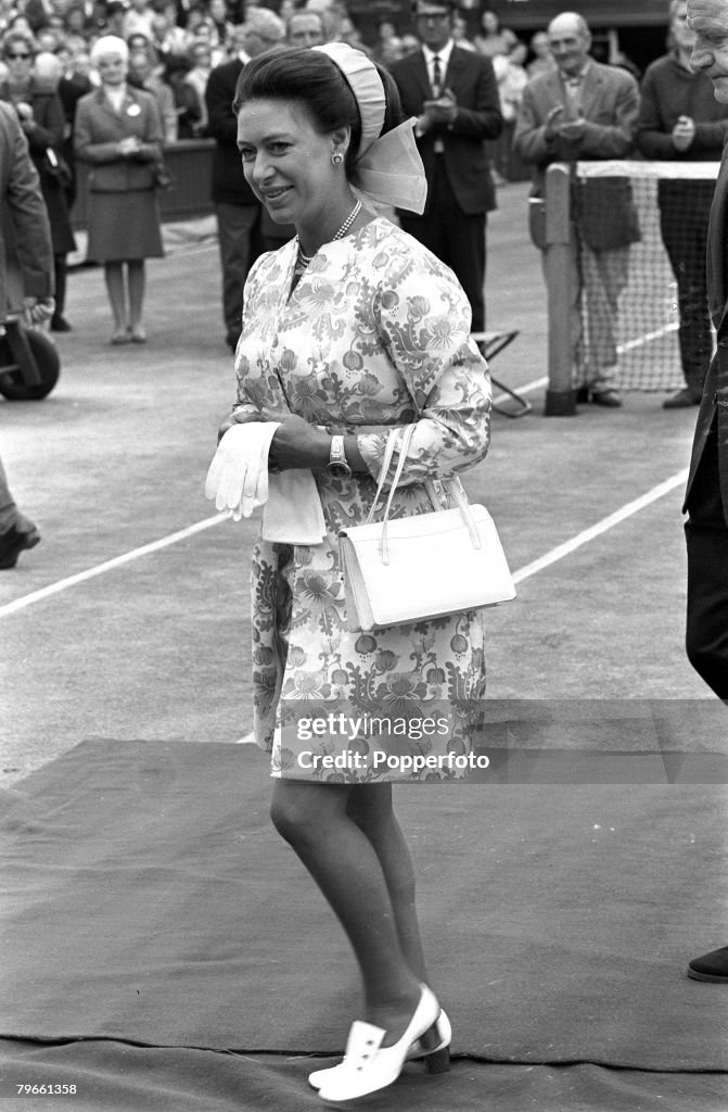 Sport, Tennis, All England Lawn Tennis Championships, Wimbledon, England, 3rd July 1970, Princess Margaret is pictured attending the tournament