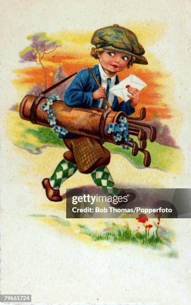 Colour illustration, Golf, circa 1920, Girl wearing golfing outfit with plus fours and overlarge cap in humorous postcard