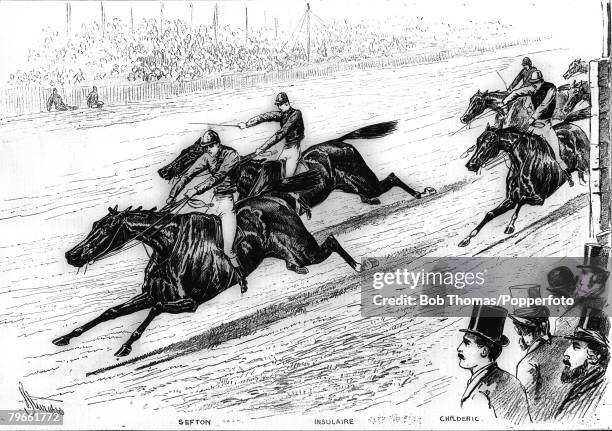 Sport, Horse Racing, The Derby, Epsom, England Illustration of the Derby winner "Sefton" coming in to beat "Insulare" as the crowds watch