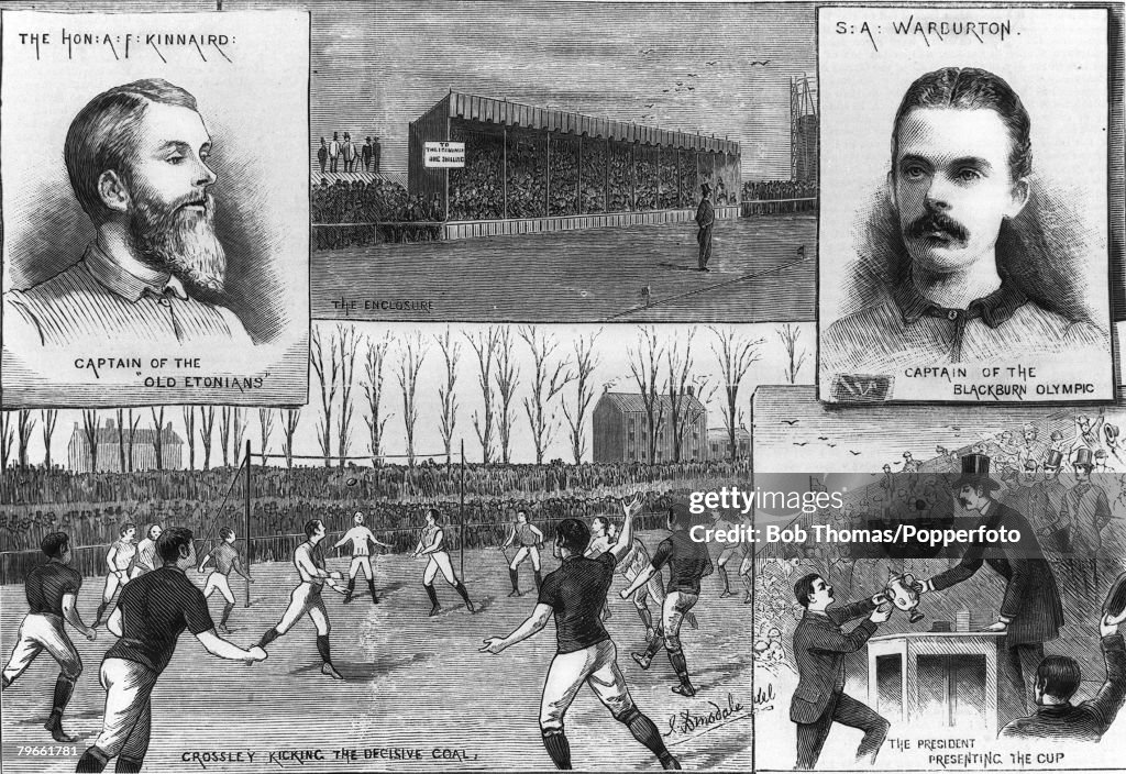 Sport, Football, F A Cup Final, Kennington Oval, Surrey, England, 31st March 1883, Blackburn Olympic 2 v Old Etonians 1 (aet), Composite Illustration of the key members and events of the match, The Old Etonians were captained by Lord Kinnaird, and Blackbu