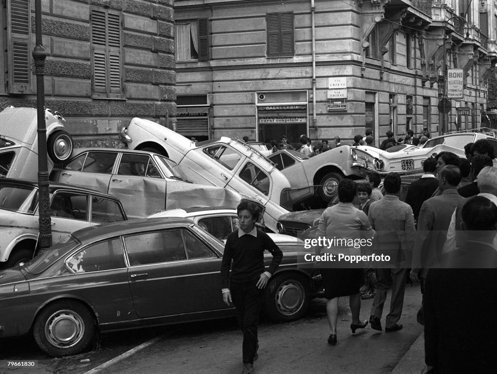 Genoa, Italy, 10th October 1970, Wrecked cars caught in flash floods that devastated Genoa