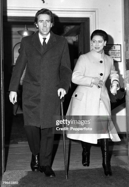 London, England, 30th December 1970, Lord Snowdon leaves a London clinic with Princess Margaret after he had minor surgery