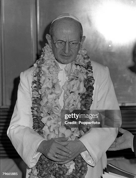 Dacca, Pakistan, 26th November 1970, A garlanded Pope Paul VI is pictured during his visit to disaster stricken Dacca, East Pakistan after devastating floods Dacca, Pakistan, 26th November 1970, A garlanded Pope Paul VI is pictured during his visit to disaster stricken Dacca, East Pakistan after devastating floods