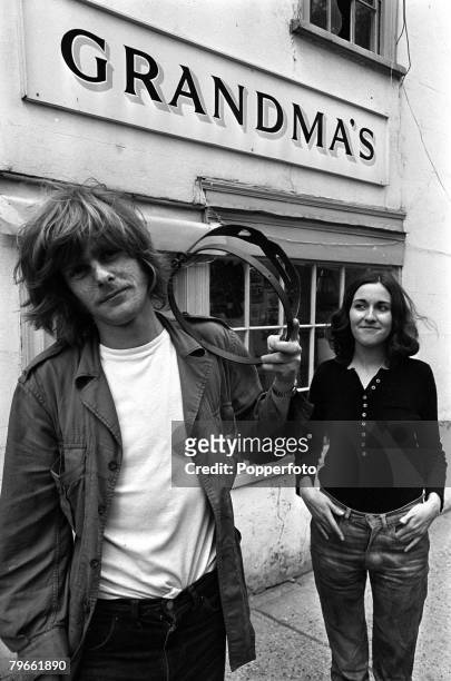Essex, England, 5th November 1971, Partick Conrad and his girlfriend Clare Burch display the chastity belt they have just bought from a shop called...