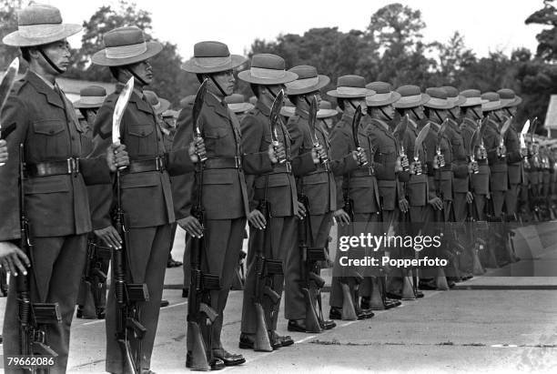 London, England, 12th October 1971, Soldiers of the 7th Duke of Edinburgh's own Gurkha Rifles parade showing their Kukri knives, The Gurkha's will be...