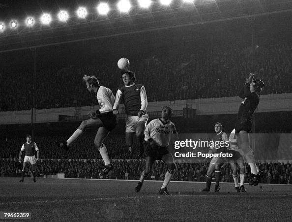 Sport, Football, London, England, 4th November 1970, European Inter-Cities Fairs Cup, Second Round, Second Leg, Arsenal 2 v Sturm Graz 0 (Arsenal win 2-1 on aggregate), Arsenal's Ray Kennedy leaps to head during the match Sport, Football, London, England, 4th November 1970, European Inter-Cities Fairs Cup, Second Round, Second Leg, Arsenal 2 v Sturm Graz 0 (Arsenal win 2-1 on aggregate), Arsenal's Ray Kennedy leaps to head during the match