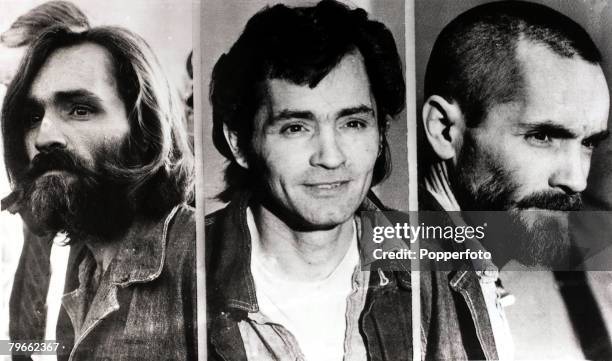 Circa 1971, American cult leader and mass murderer Charles Manson is shown in these three pictures demonstrating how he has changed his appearance...
