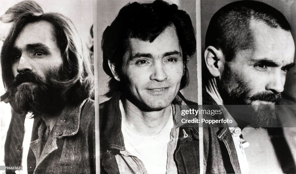 USA, Circa 1971, American cult leader and mass murderer Charles Manson is shown in these three pictures demonstrating how he has changed his appearance during his trial for the Tate-La Bianca murders in Los Angeles in 1969