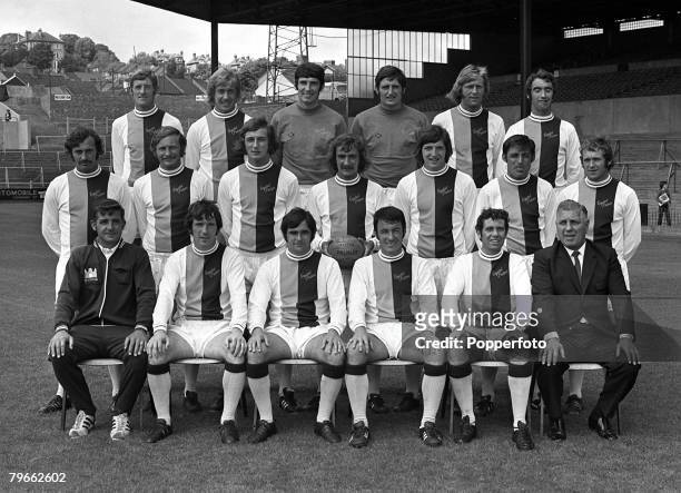 Sport, Football, London, England, 27th July 1971, The Crystal Palace FC first team squad for season 1971-2 pose together for a group photograph, Back...