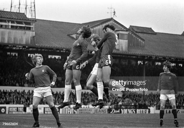 Sport, Football, London, England, 6th November 1971, League Division One, Chelsea 2 v Nottingham Forest 0, Chelsea's David Webb and John Dempsey are...