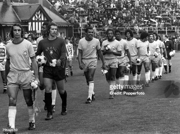 Sport, Football, Dublin, Ireland, June 1973, All-Ireland Shamrock Rovers XI 3 v Brazil 4, The World Champions Brazil are led out by captain Wilson...