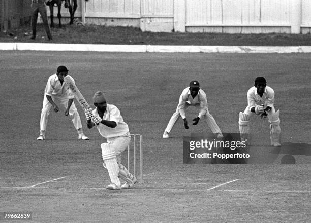 Sport, Cricket, Georgetown, Guyana, 23rd March 1971, West Indies v India, Bishen Singh Bedi of the touring Indian cricket team hits a shot during the...