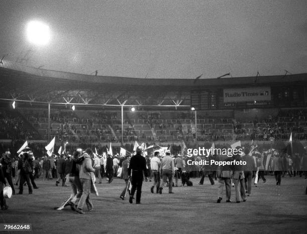 Sport, Football, London, England, 3rd June 1971, European Cup Final, Ajax 2 v Panathinaikos 0, Ajax supporters celebrate on the Wembley pitch after...