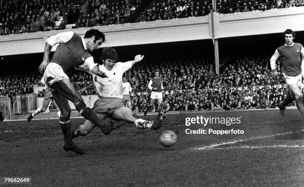 Sport, Football, London, England, 20th March 1971, League Division One, Arsenal 1 v Blackpool 0, Arsenal's Frank McLintock shoots past Blackpool's...