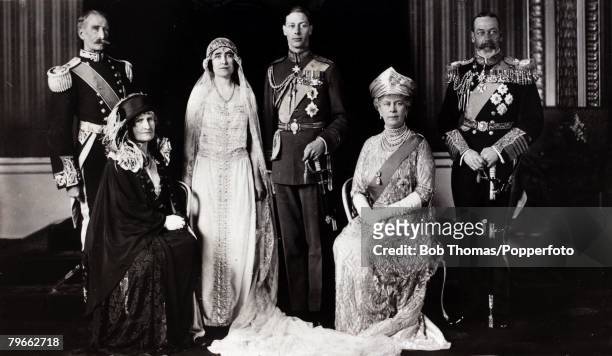 British Royalty The wedding of H,R,H,The Duke of York and Lady Elizabeth Bowes-Lyon, Group are, Earl and Countess of Strathmore, Duke and Duchess of...