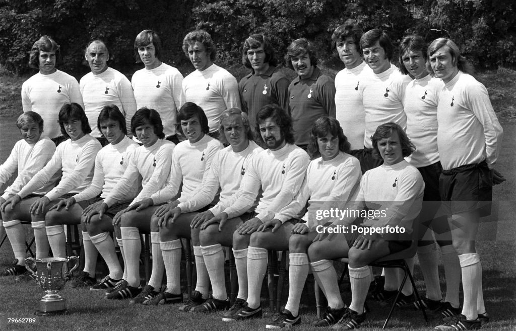 Sport, Football, London, England, 15th August 1973, The Tottenham Hotspur first team squad for season 1973/4 pose together for a group photograph with the League Cup trophy they won in 1973, Back Row L-R: Mike Dillon, Alan Gilzean, Pete Collins, Martin Ch