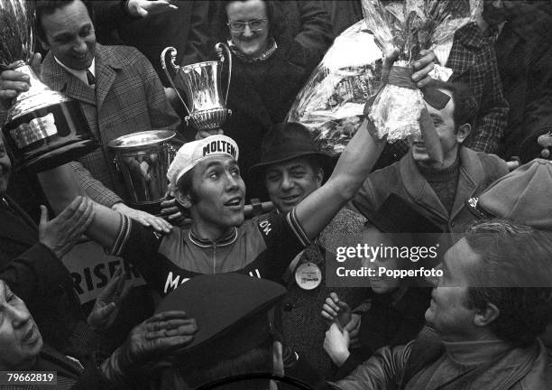 Sport, Cycling, Italy, 22nd March 1971, Milan to San Remo Classic, Belgium's Eddie Merckx shows his delight as he holds the trophy aloft after...