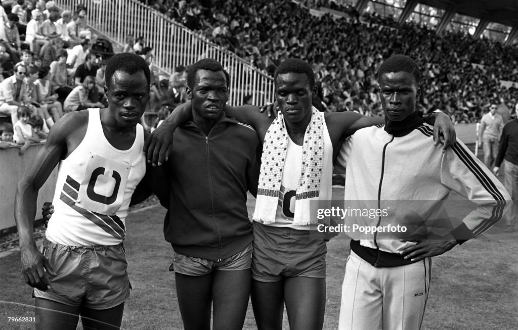 Sport, Athletics, Crystal Palace, London, England, 5th September 1970, Mens 4 x 800 metres Relay, The Kenyan relay team are pictured after winning the race in a World record time of 7 minutes 11,6 seconds, L-R: Hezekiah Nyamu, Naftali Bon, Robert Oukoano,